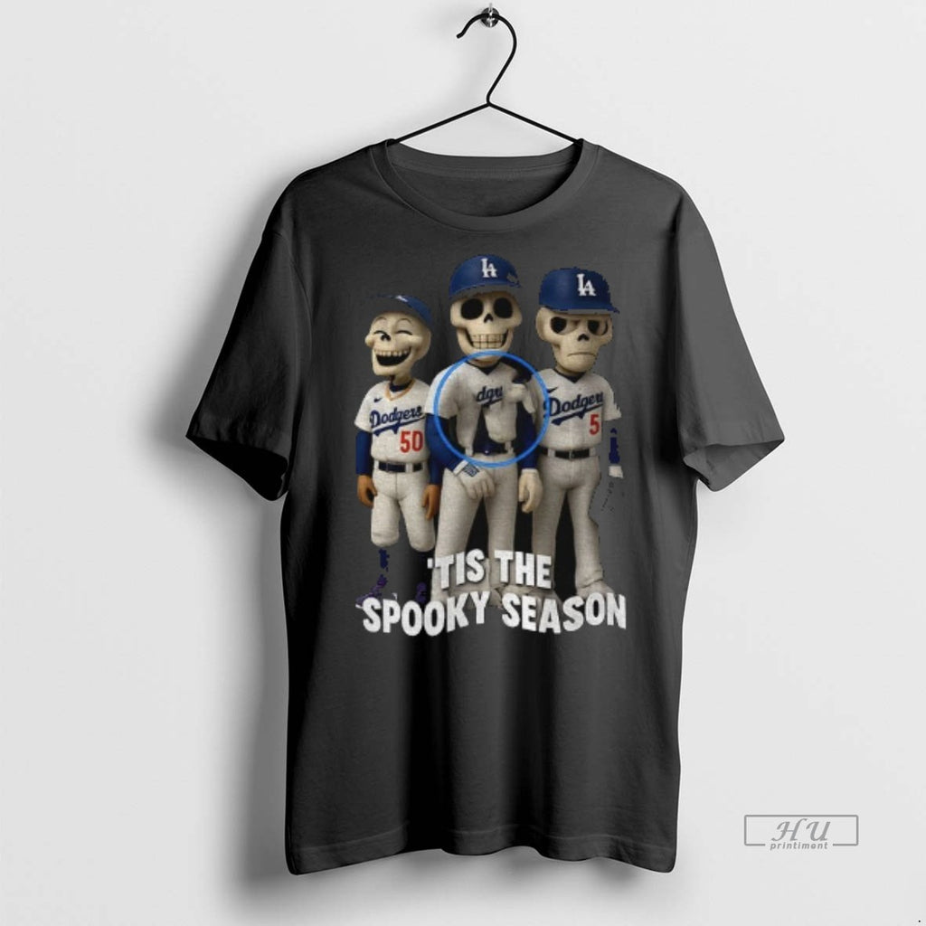 Trending Skeleton Spooky Season Los Angeles Dodgers Tis The Spooky Season Halloween Baseball Graphic Tee