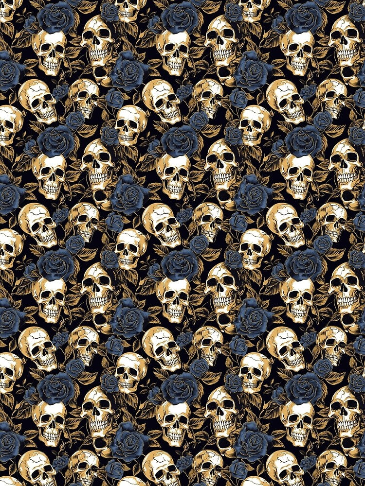 Blue and Gold Roses and Skulls Pattern by Christy Wyatt