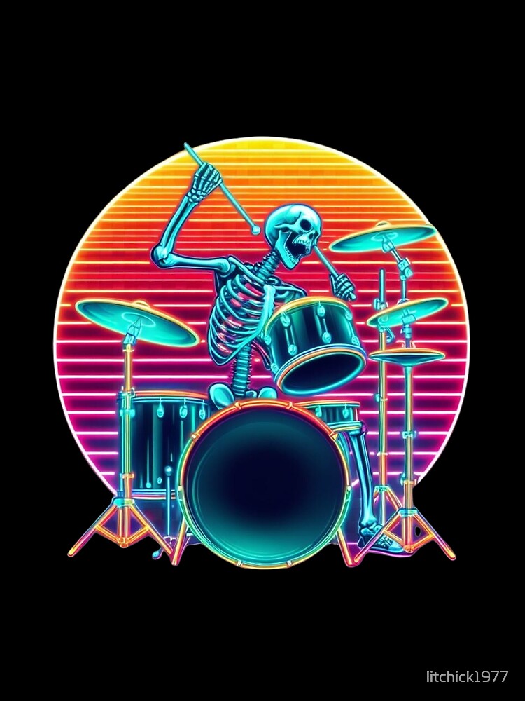 80s Rock n Roll Skeleton Drummer | Retro Heavy Metal Art by litchick1977