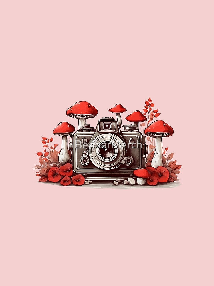 Vintage Cute Red Camera Surrounded by Mushrooms by BednarMerch