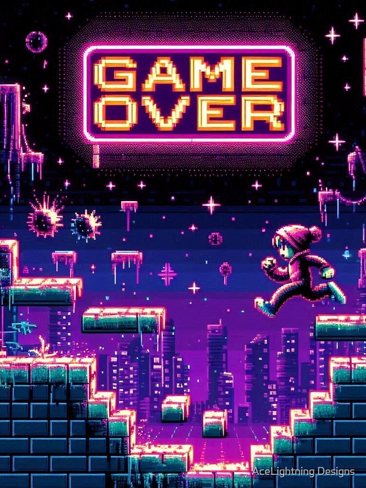 Game Over – Retro 8-Bit Pixel Art Cityscape by AceLightning Designs