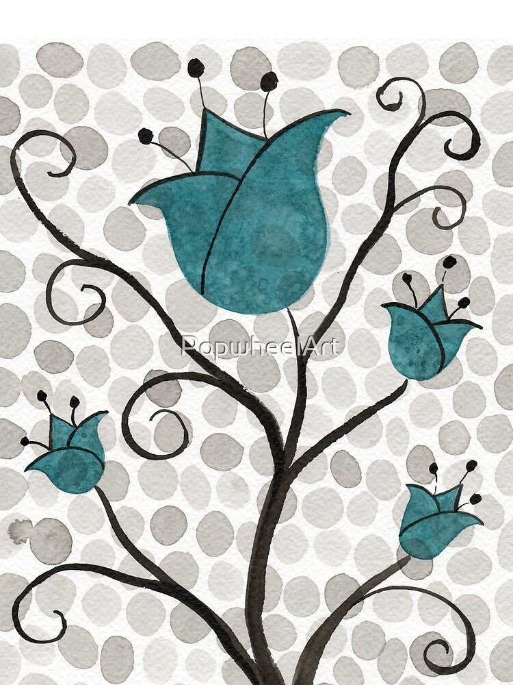 Teal Polka-Dot Flowers - Scandinavian Tulips - Watercolor Flowers by PopwheelArt