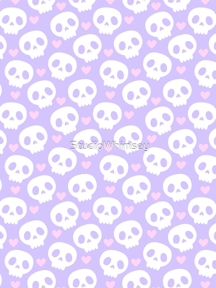 Kawaii Skull Hearts Pastel Goth Creepy Cute Spooky Skeleton Pink Purple and White Pattern by StudioWhimsey