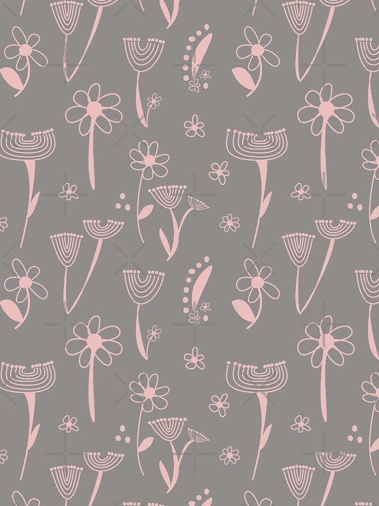 Hand drawn wild flower seamless pattern - blush pastel pink and soft gray.  Caroline Laursen original by Caroline Laursen