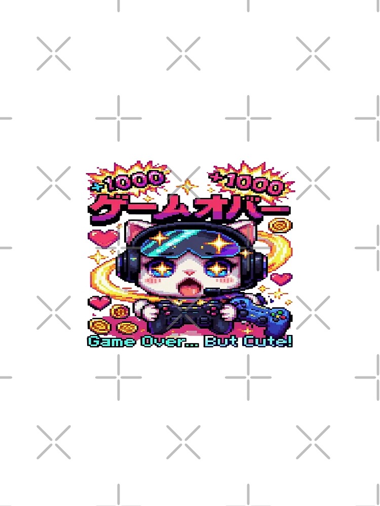Kawaii Pixel Gamer Cat T-Shirt – Retro Game Over But Cute Anime Design | Neon Gaming Aesthetic Tee by Sushikidsntoddlers