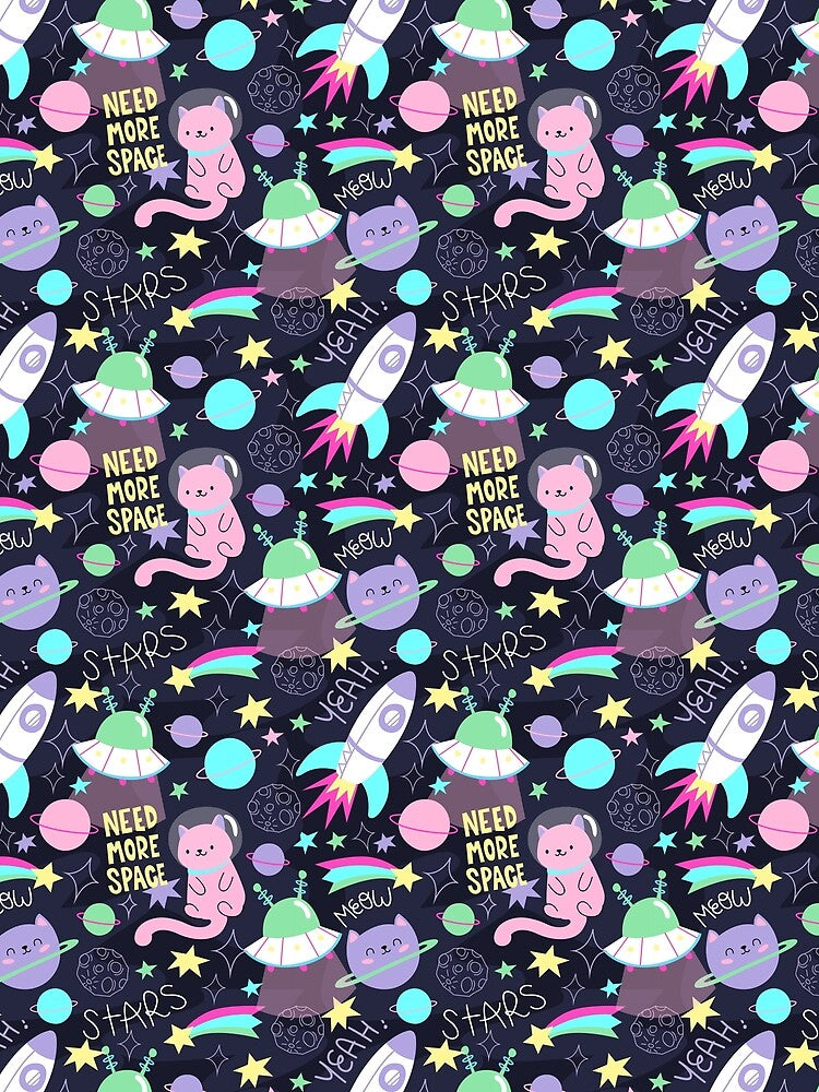 Colorful Doodle Cats in Space Pattern by Robert Lynch
