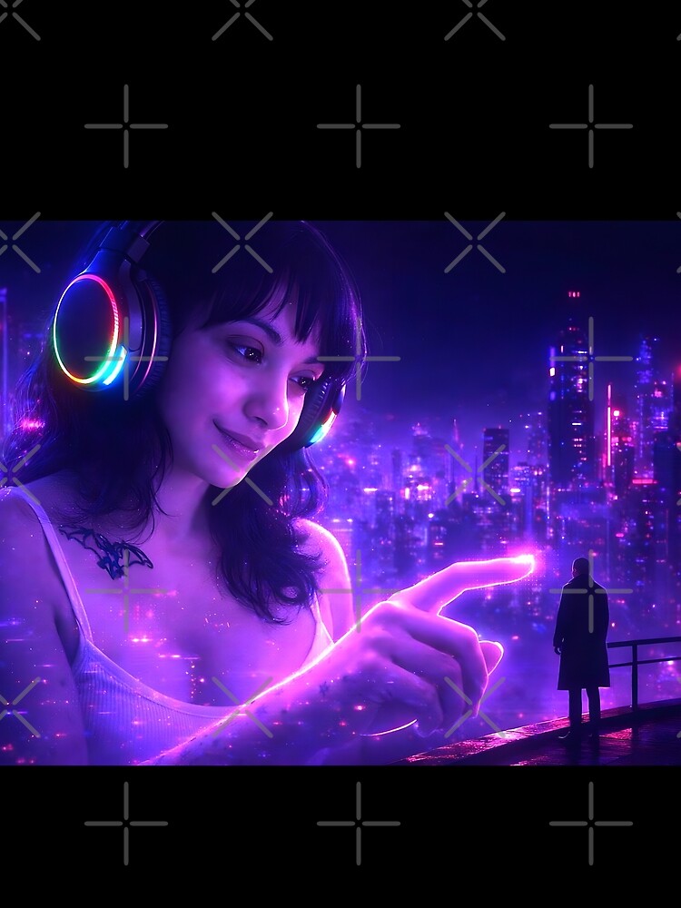 Giant Cyberpunk Girl in Neon Futuristic City – Digital Sci-Fi Art by G-A-D-U