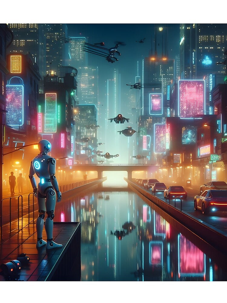 Cyberpunk city with neon colors and drones by cyberheadscifi