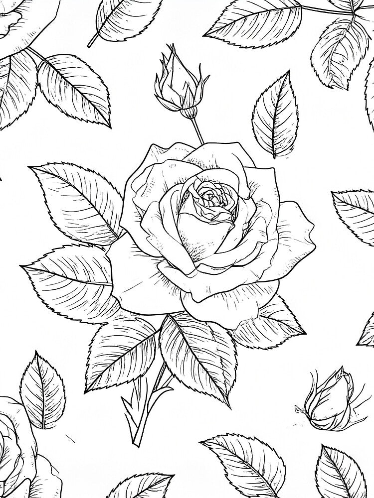 Minimal Black White Rose Botanical Line Seamless Pattern by Grainwork