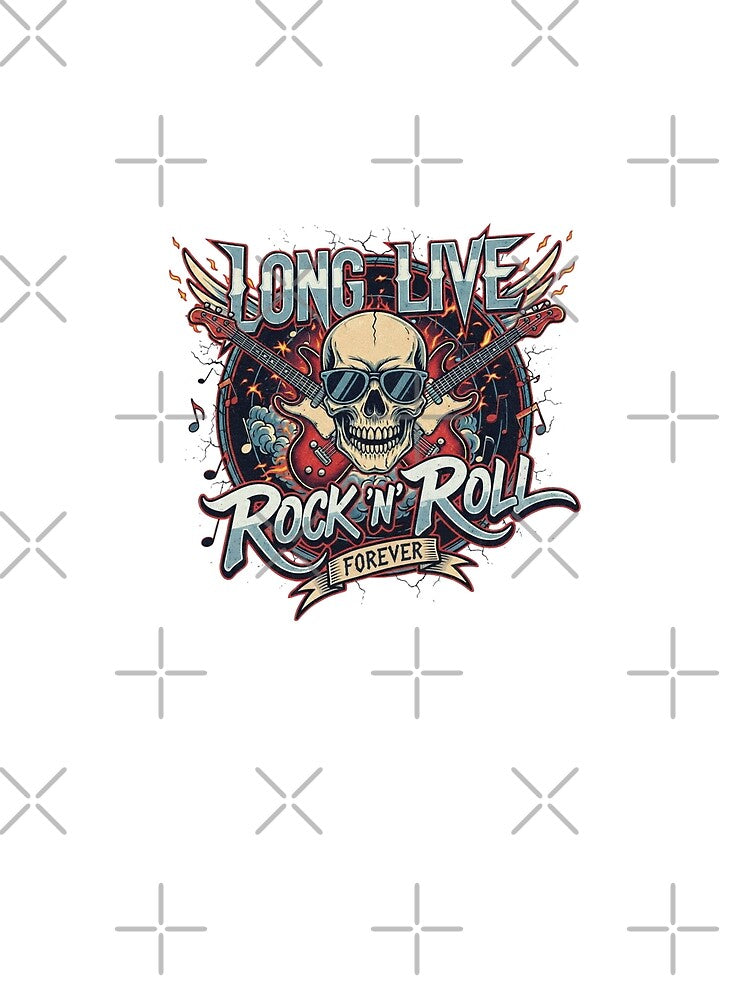 Long Live Rock N Roll Forever Rocker Skull Glasses Guitars Fire Vintage Illustration Hard Music Classic Metal Iconic Design by DibuHumor
