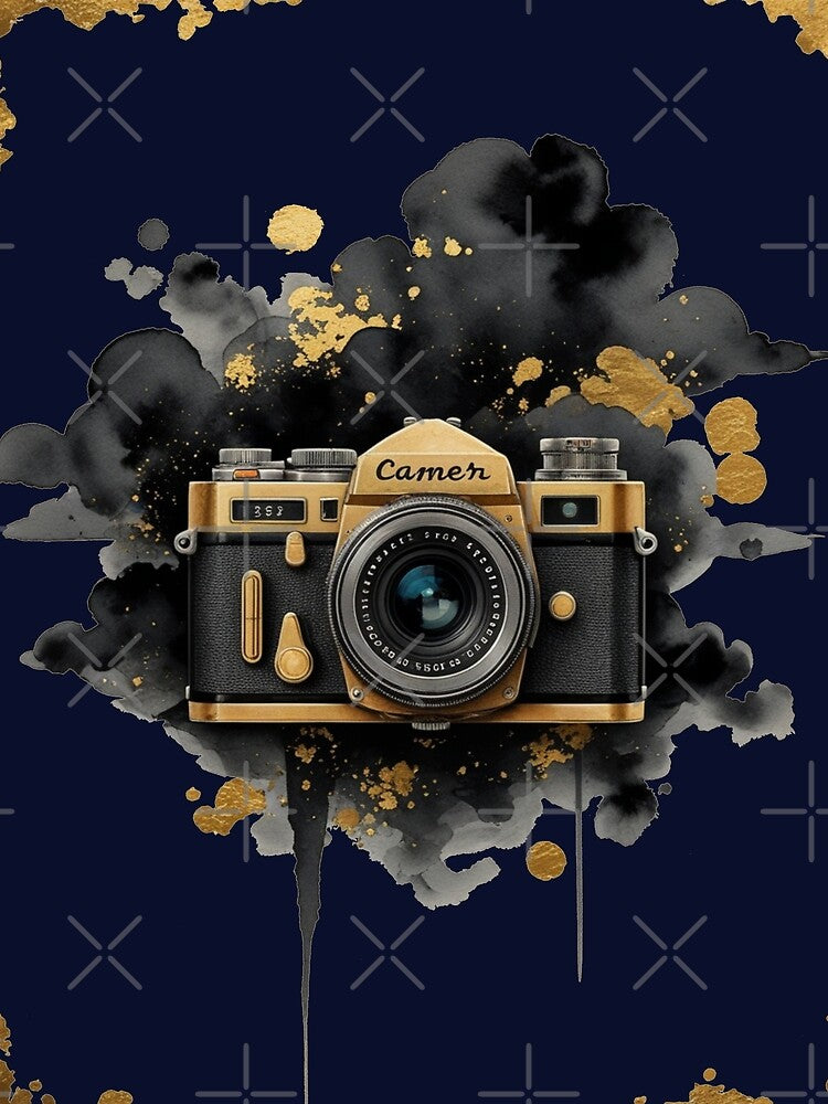 Vintage Camera Watercolor Art | Black and Gold Photography Design by Biedroneczka