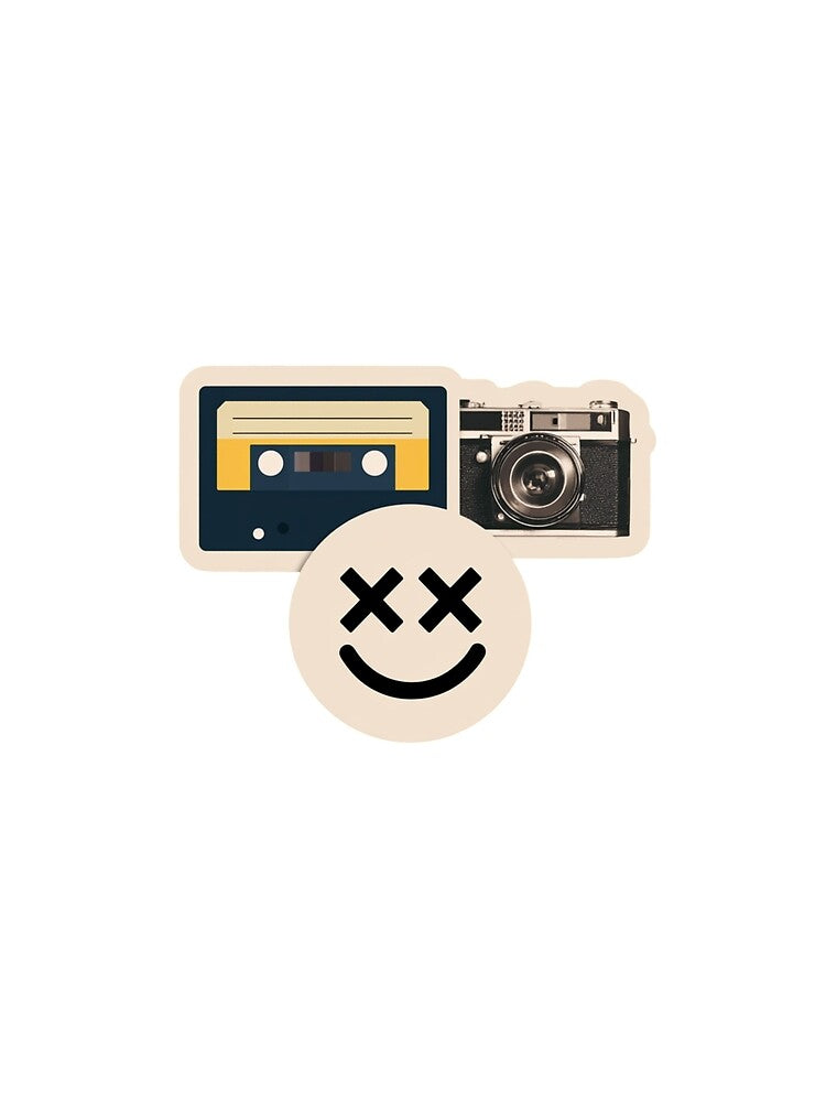 Retro Vintage Camera and Cassette Tape Sticker With Smiley Face Emblem Evoking Nostalgia by KanDa-Shop