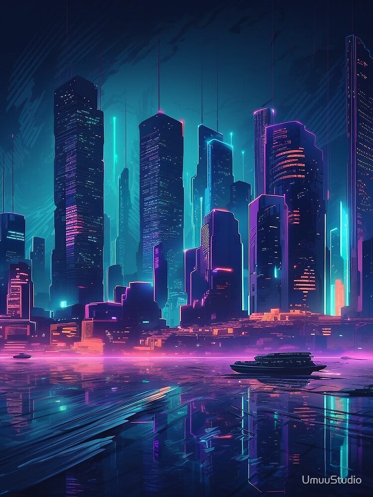 Neon Skyline || Futuristic Retrowave Synthwave Night City, Neon Lights by UmuuStudio