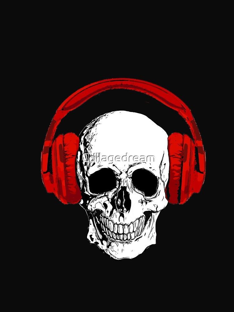 Skull with vintage red headphones, listen to music, cool draw skull by Collagedream