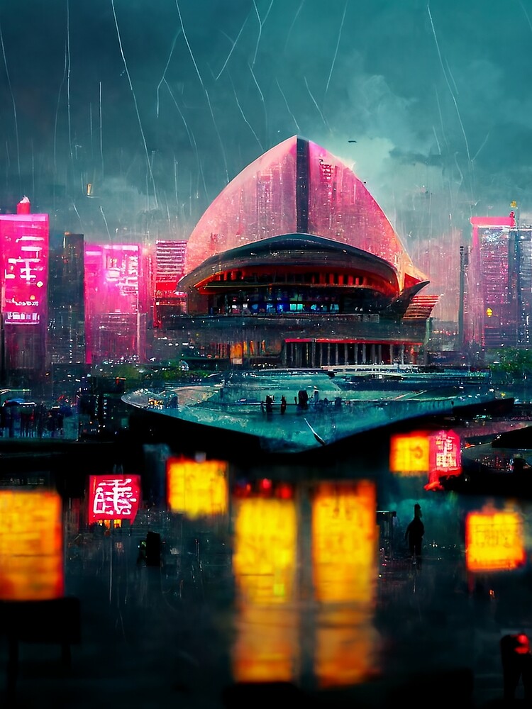 Neon District - Cyberpunk Cityscape Operahouse by ArkMinted