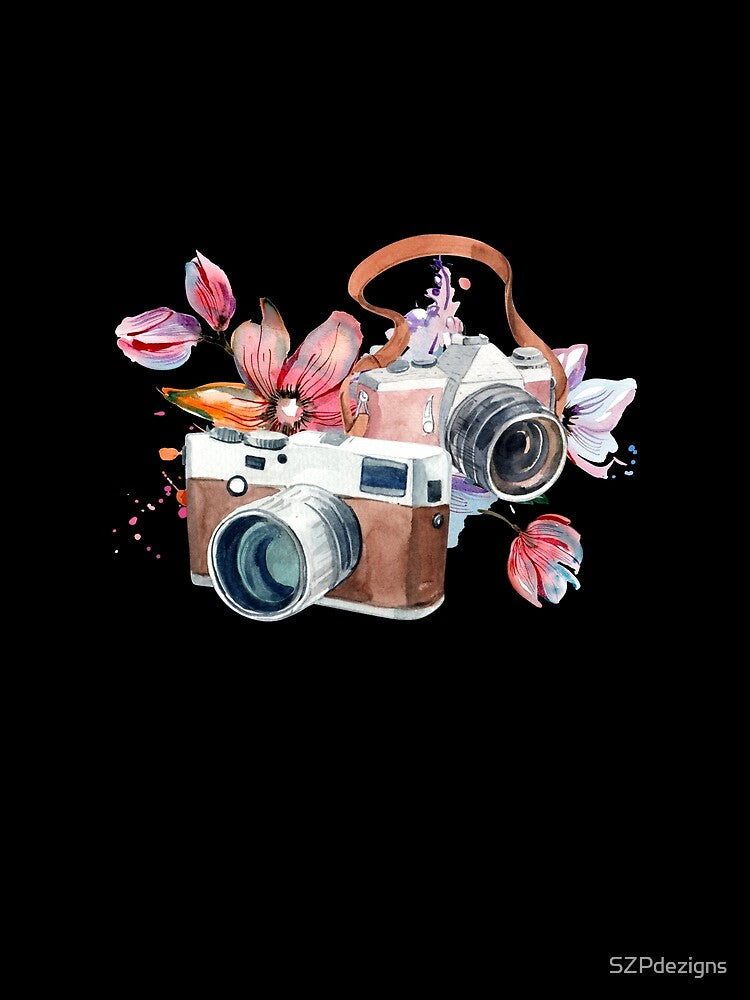 Watercolour Camera Flowers Design Pretty Vintage Retro Art Photography by SZPdezigns
