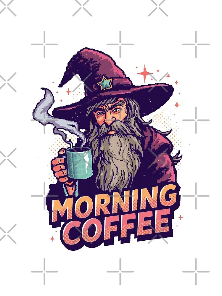Wizard Morning Coffee – Retro Pixel RPG Humor Design by Dhenin Studio