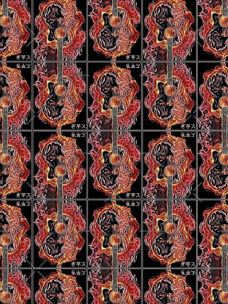 Guitar on fire with japanese text - music minimal abstract art by hasbeenz