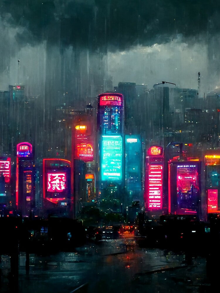 Central - Cyberpunk Cityscape Skyline by ArkMinted