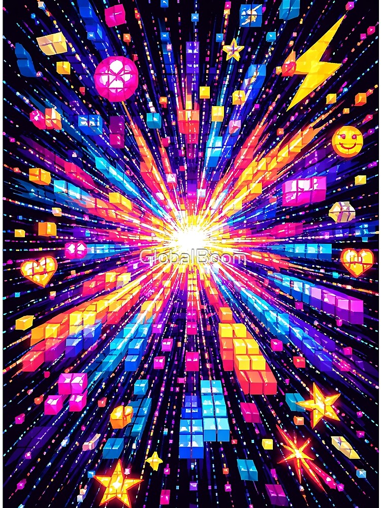 Abstract Pixel Blocks Explosion – Colorful Tetris-Inspired Retro Pixel Art by GlobalBoom