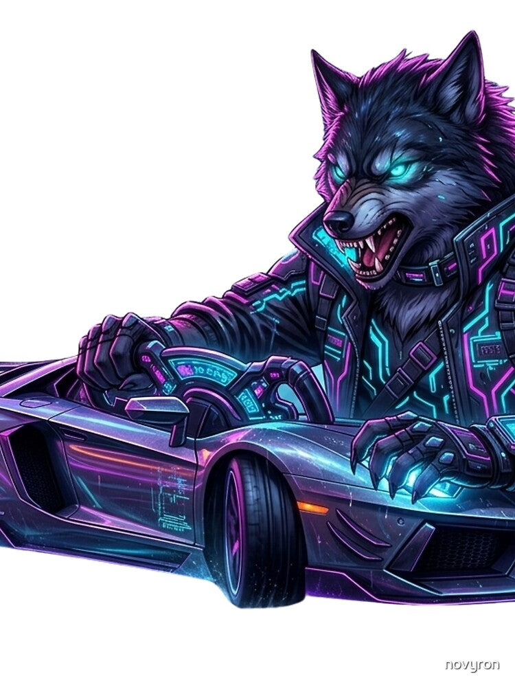Cyberpunk Wolf Driver Neon Futuristic Street Art by novyron