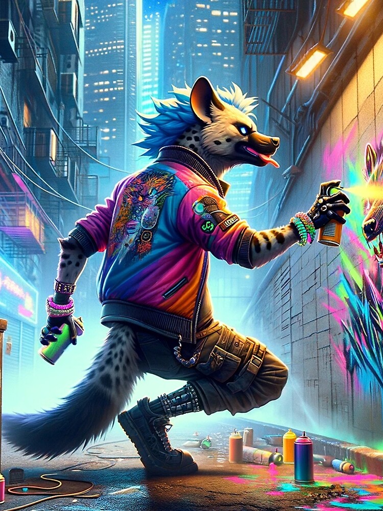Hyena Spray Painting Graffiti in a Cyberpunk City by Zestpond