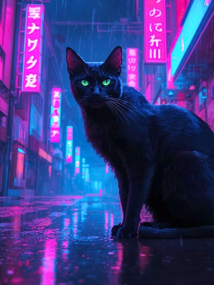 Cyberpunk Neon Cat in Tokyo Rain by FredyDesignHub
