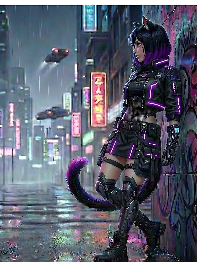 Cyberpunk Neko in Neon Rain – Purple Cat Girl Art by MitniChan