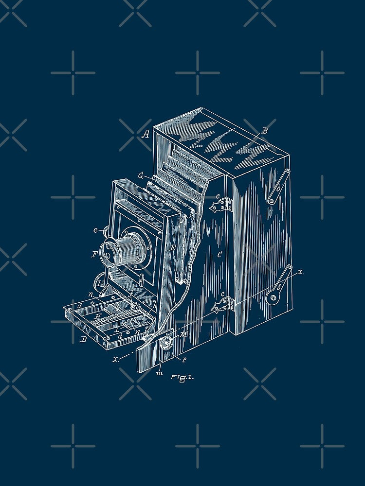 Vintage woood large format  camera patent blueprint design by BRU Design