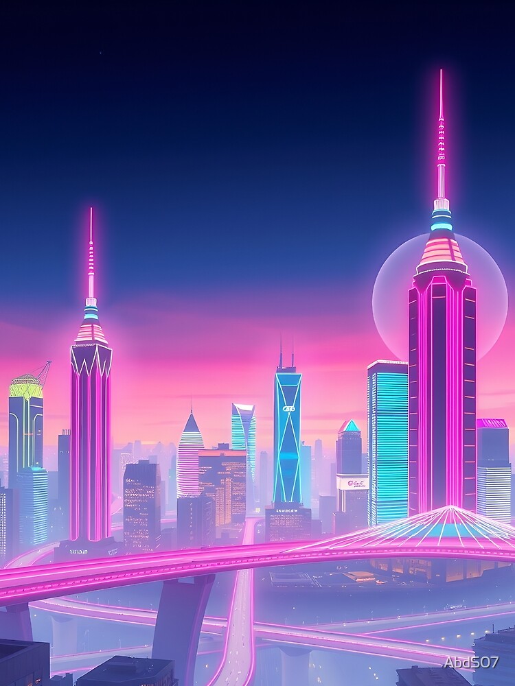 Futuristic City Skyline - Neon Cyberpunk Architecture Art by AbdS07