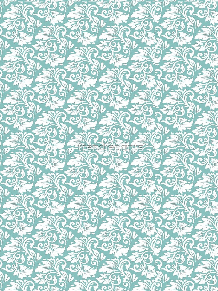 Baroque Damask Pattern – Elegant Vintage Floral Scroll Design, Teal and White Classic Ornamental Aesthetic by trendieprints