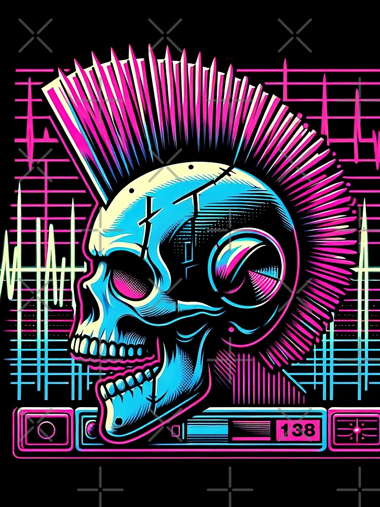 Synthwave Robot Skull with Punk Rock Mohawk Retro-Futuristic by SpookshowDesign