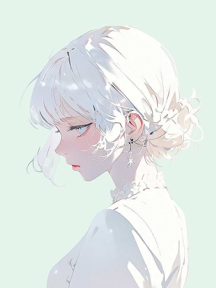 “White Hair Anime Girl – Soft Aesthetic Portrait” by KiraChie
