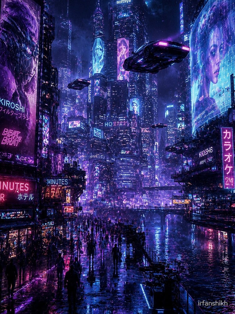 Cyberpunk Neon City Night Purple Futuristic Cityscape Sci-Fi Urban Fantasy by irfanshikh