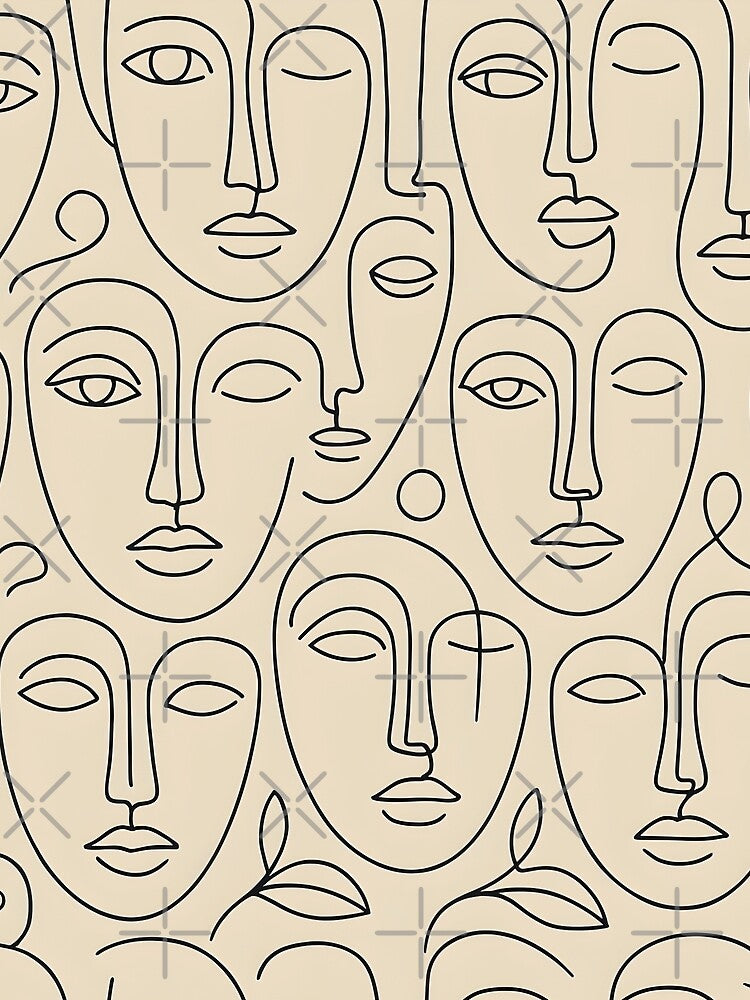 Minimalist Picasso Face Pattern – Seamless One-Line Abstract Art for Wall Art, Fabric & Wallpaper in Beige & Black by WAUZ