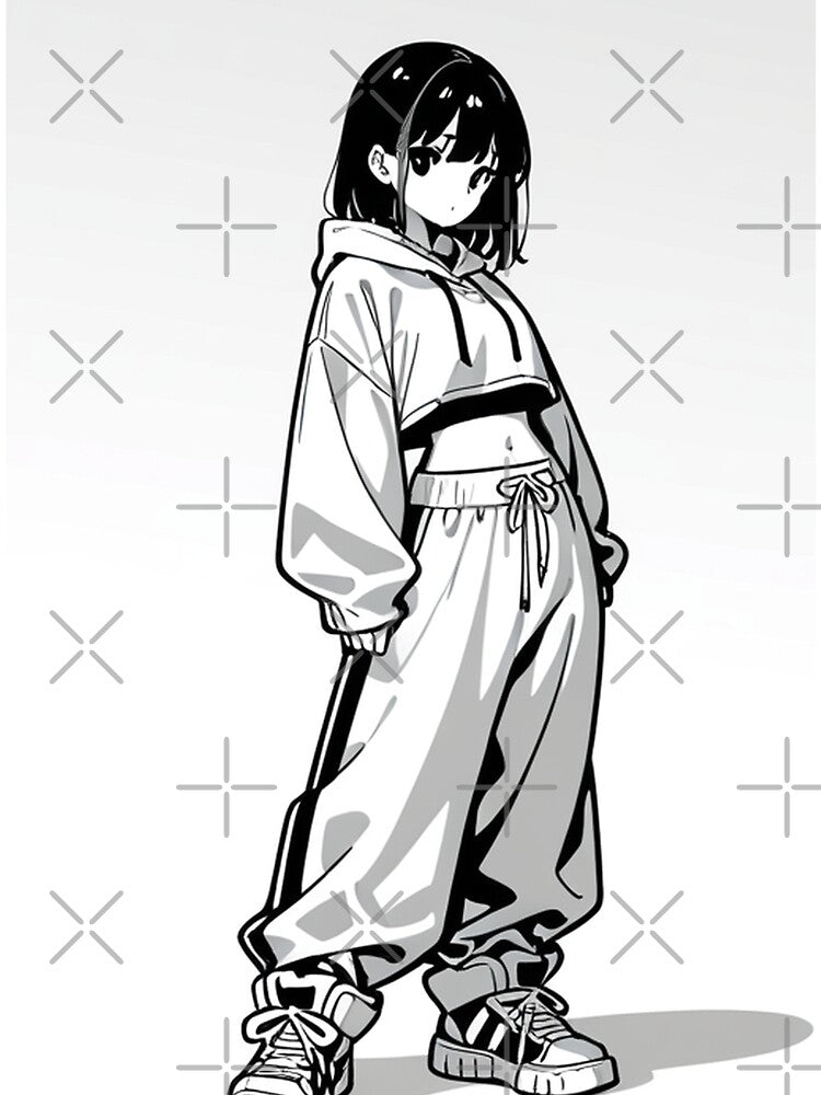 Fashion - Girl in Black Crop Hoodie Baggy Pants Chunky Sneakers Variant 3 by AnimeShin