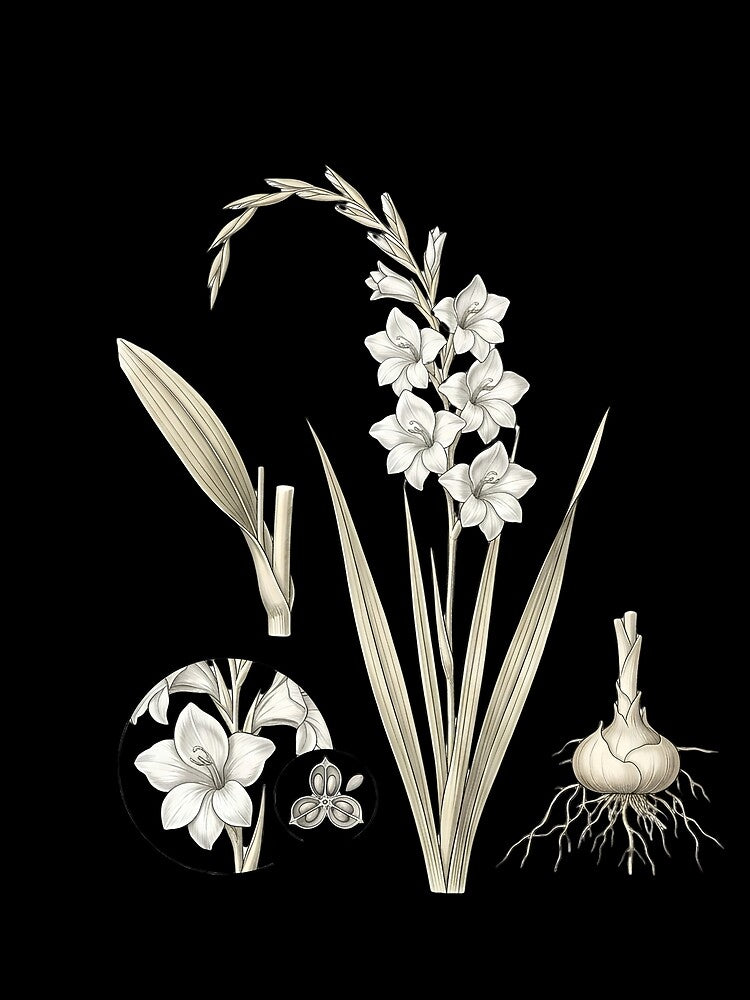Vintage White Gladiolus - Elegant Botanical Sword Lily Art by Atlasoloji