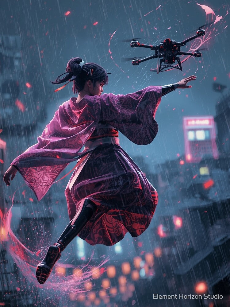 Neo-Edo Cyberpunk Dancer in the Rain by Element Horizon Studio