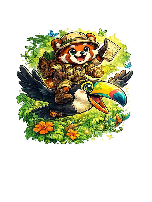 Adventure Explorer Red Panda Riding a Toucan – Cute Jungle Mascot T-Shirt by D.Shop