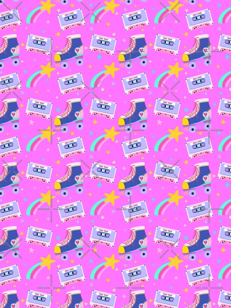Retro Roller Skates & Cassette Tapes Seamless Pattern – 80s Nostalgia Vibes by Lone Jensen