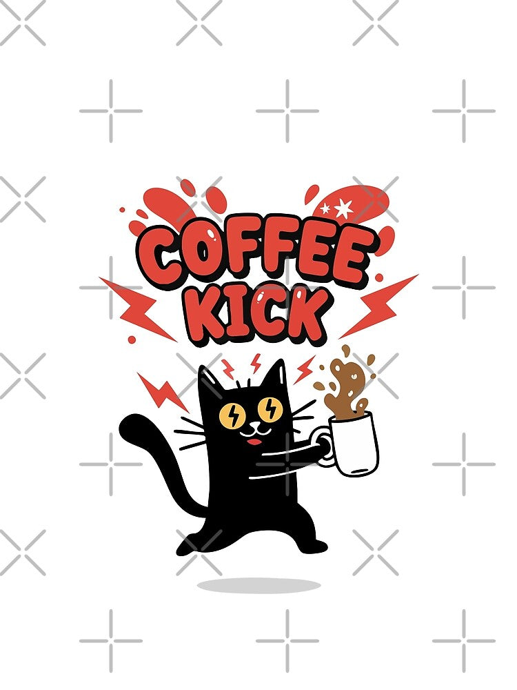 Coffee Kick Black Cat Funny Caffeine Cartoon by Taridesign