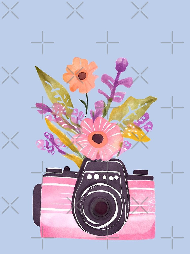 Cute Pink Watercolor Camera and Wildflowers by FarmOfCuties