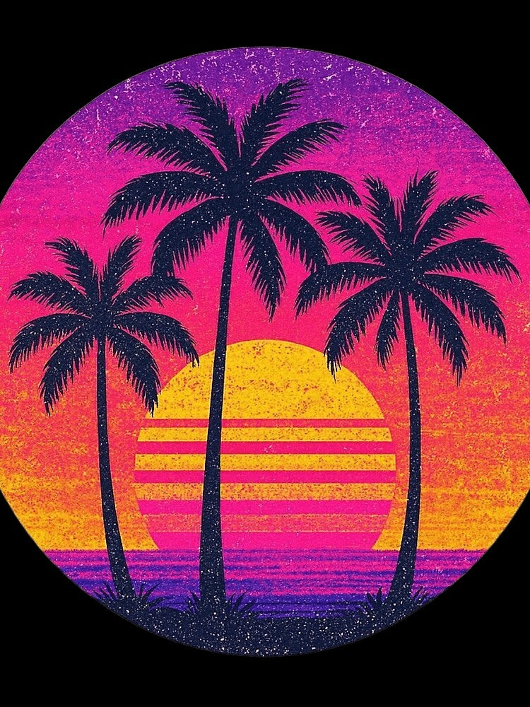 1980s Retro Neon Sunset - Vintage Palm Trees Circle by Novalovestudio