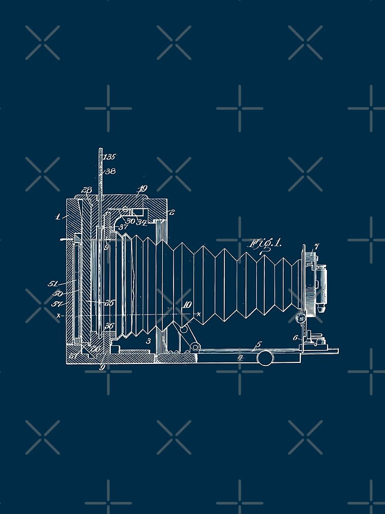 Vintage bellows camera patent blueprint design by BRU Design