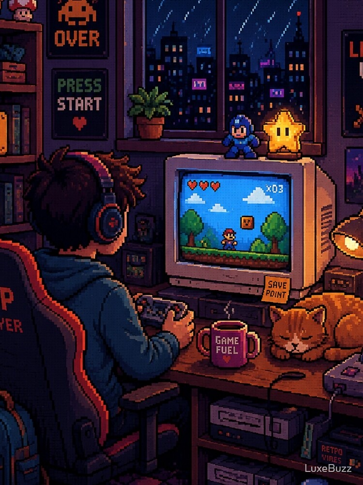 Retro Pixel Art Gamer Room - Cozy Gaming Setup with Cat - Nostalgic 8-Bit Gaming Aesthetic by LuxeBuzz