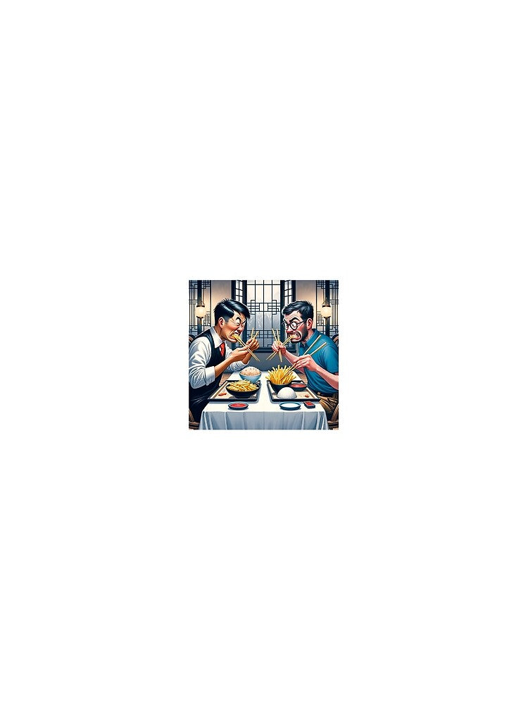 Two men eating rice and fries with Chinese chopsticks by Prosperleriche