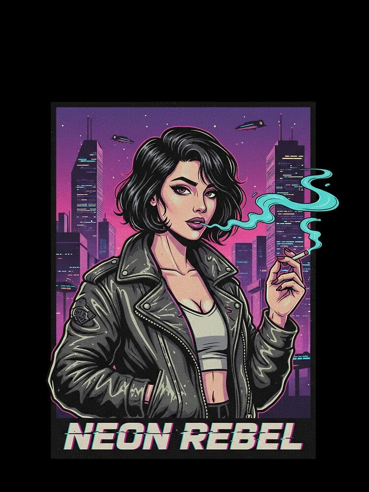 Cyberpunk Neon Rebel Girl T-Shirt, Futuristic Glitch Streetwear, Retrowave Aesthetic Graphic Tee by GlitchRogue