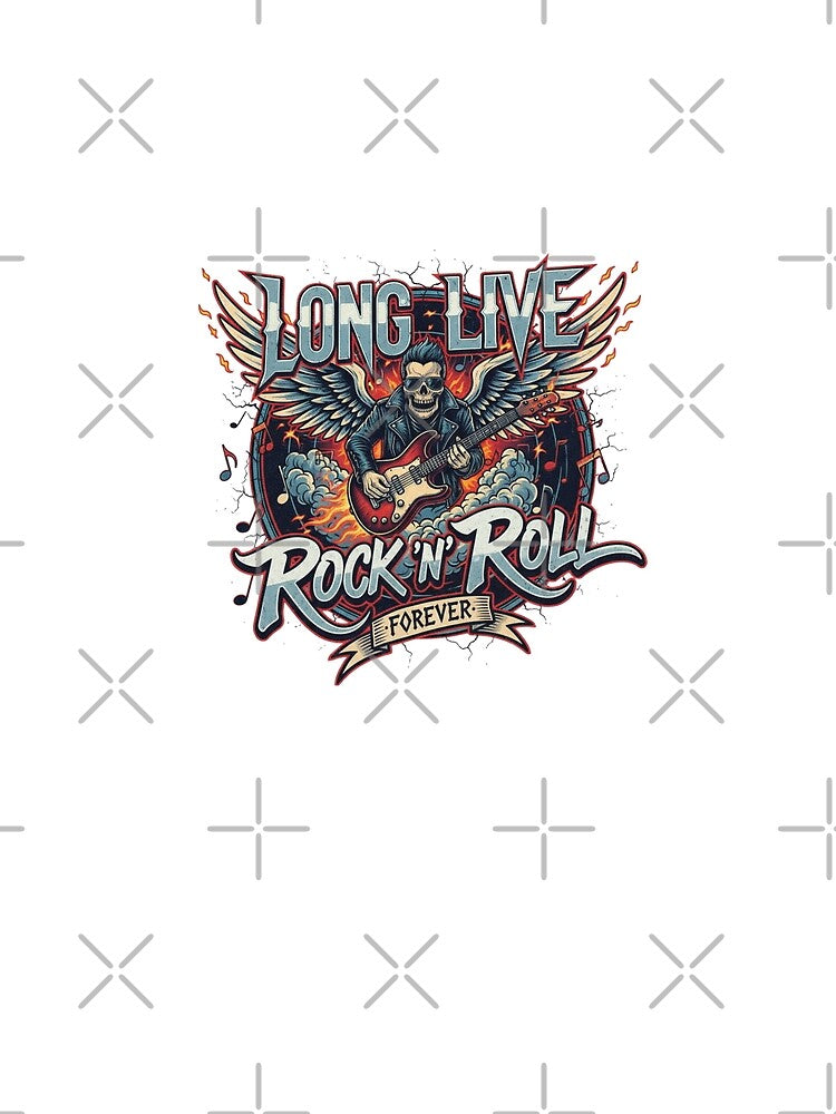 Long Live Rock N Roll Forever Winged Skull Electric Guitarist Leather Jacket Fire Smoke Illustration Vintage Rock Metal Punk Biker by DibuHumor