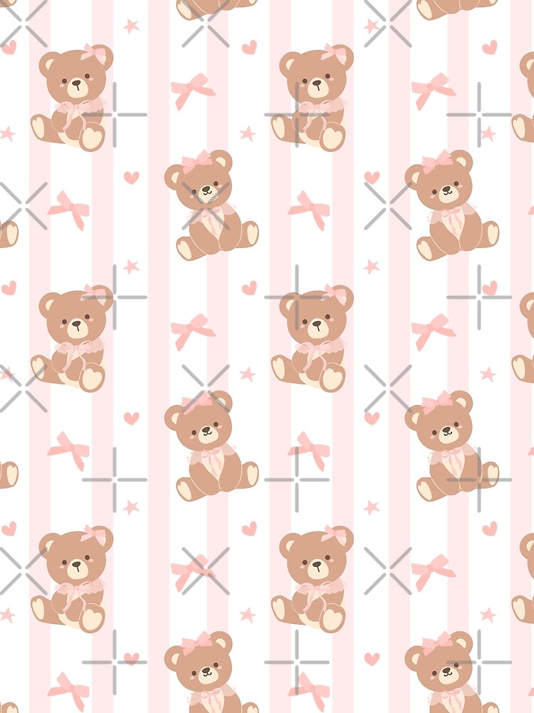 Pastel Pink Teddy Bear Pattern with Bows and Hearts by wandsandwhimsy