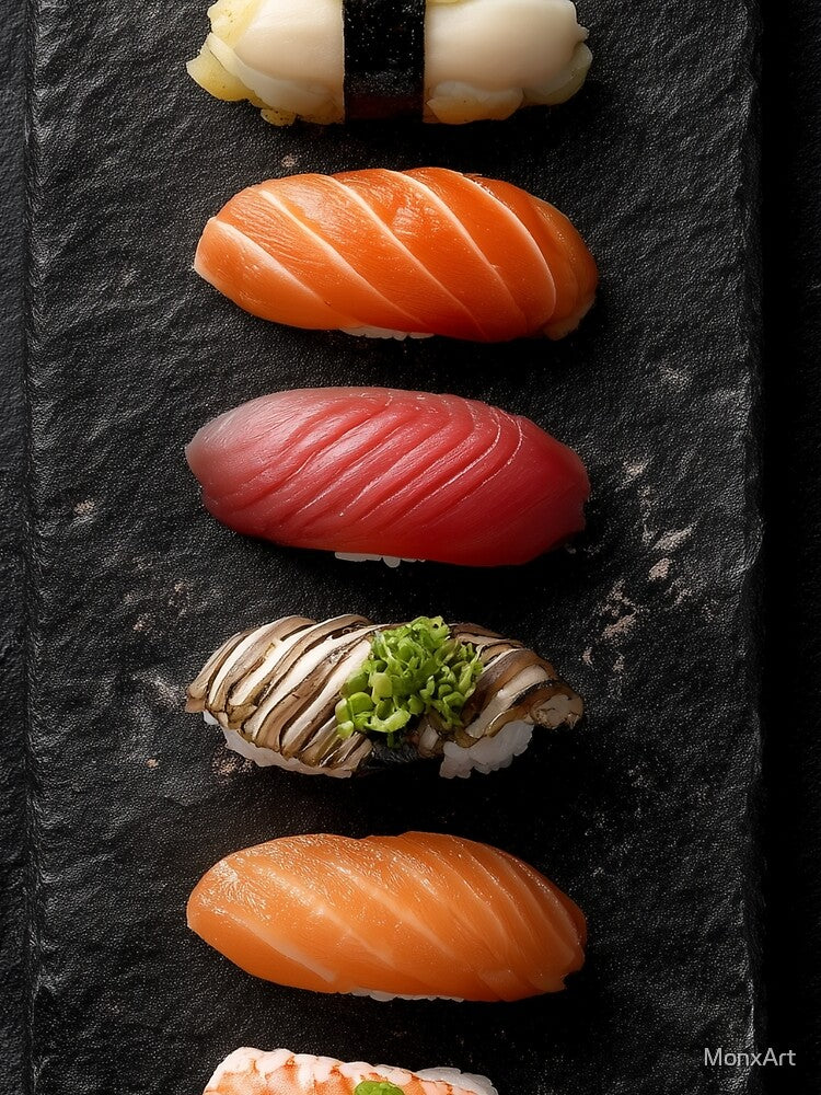 Elegant Realistic Sushi on Slate Plate – Japanese Food Art by MonxArt